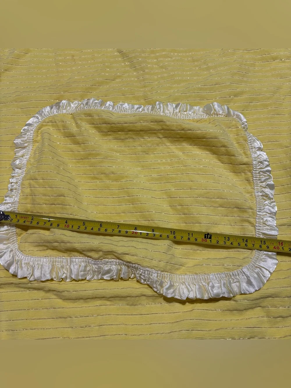 Vtg Handmade Baby Blanket W/ Pillowcase Yellow Satin Trim & Backing Gold Stripe